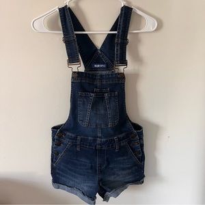 Blue denim overall shorts